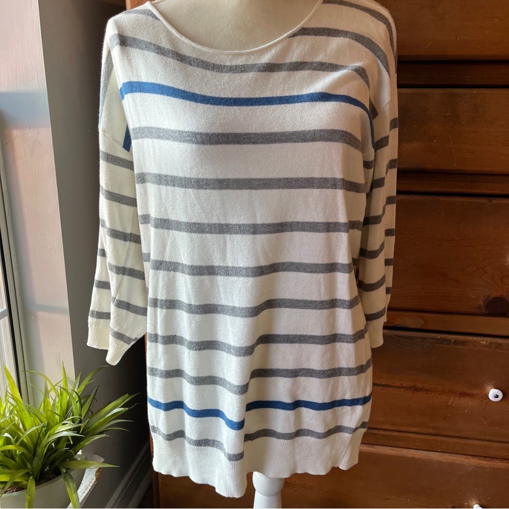 Market & Spruce L Sweater Ivory w/ Blue & Gray Stripes Soft Thin